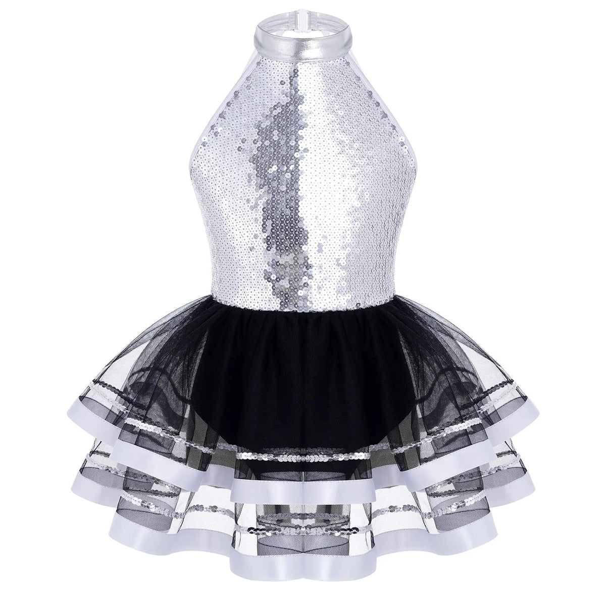 Jazz Dance Costume Kids Halter Shiny Sequins Gymnastics Unitards Dress Girls Ballet Leotard Tutu Stage Performance Clothing