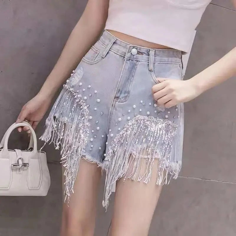 2026 Summer New Personalized Denim Shorts for women's High waisted Diamond Studded Heavy industry Sequin Tassel Fashion Shorts