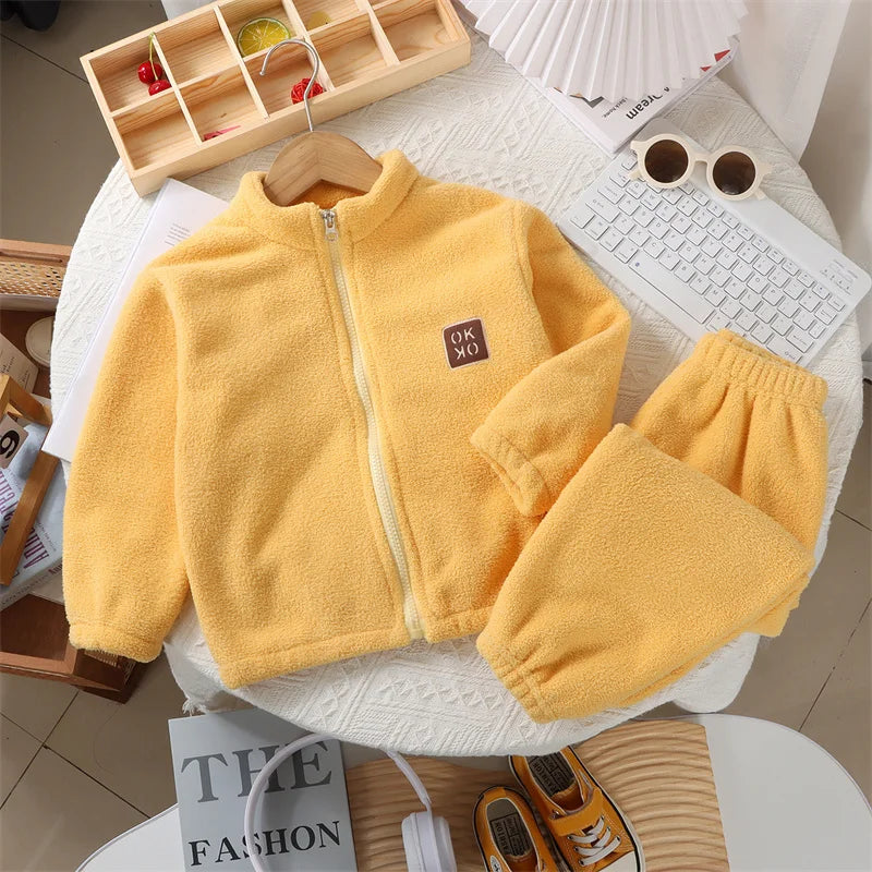 Plush Sets Children Autumn Winter Warm Fleece Suits Baby Thickened Cardigan Top+Pants 2Pcs Outfits Boys Girls Homewear Clothing