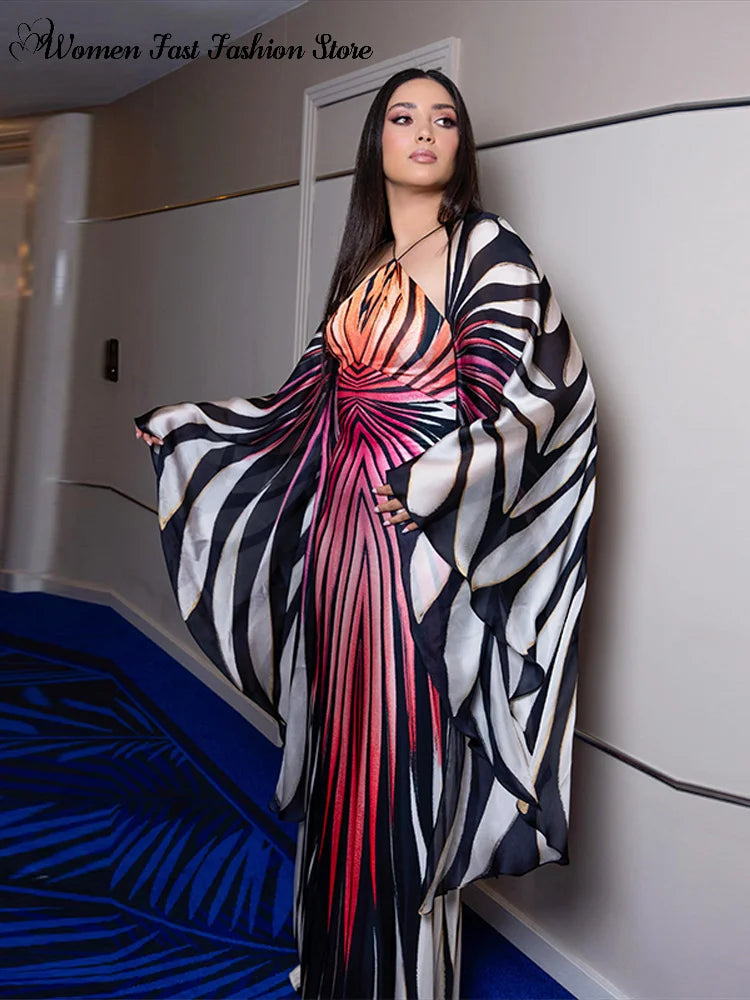 Printed Batwing Sleeve Halter Party Dress Women's Sexy Backless Full Sleeved Maxi Dresses 2026 Autumn Lady Evening Gown