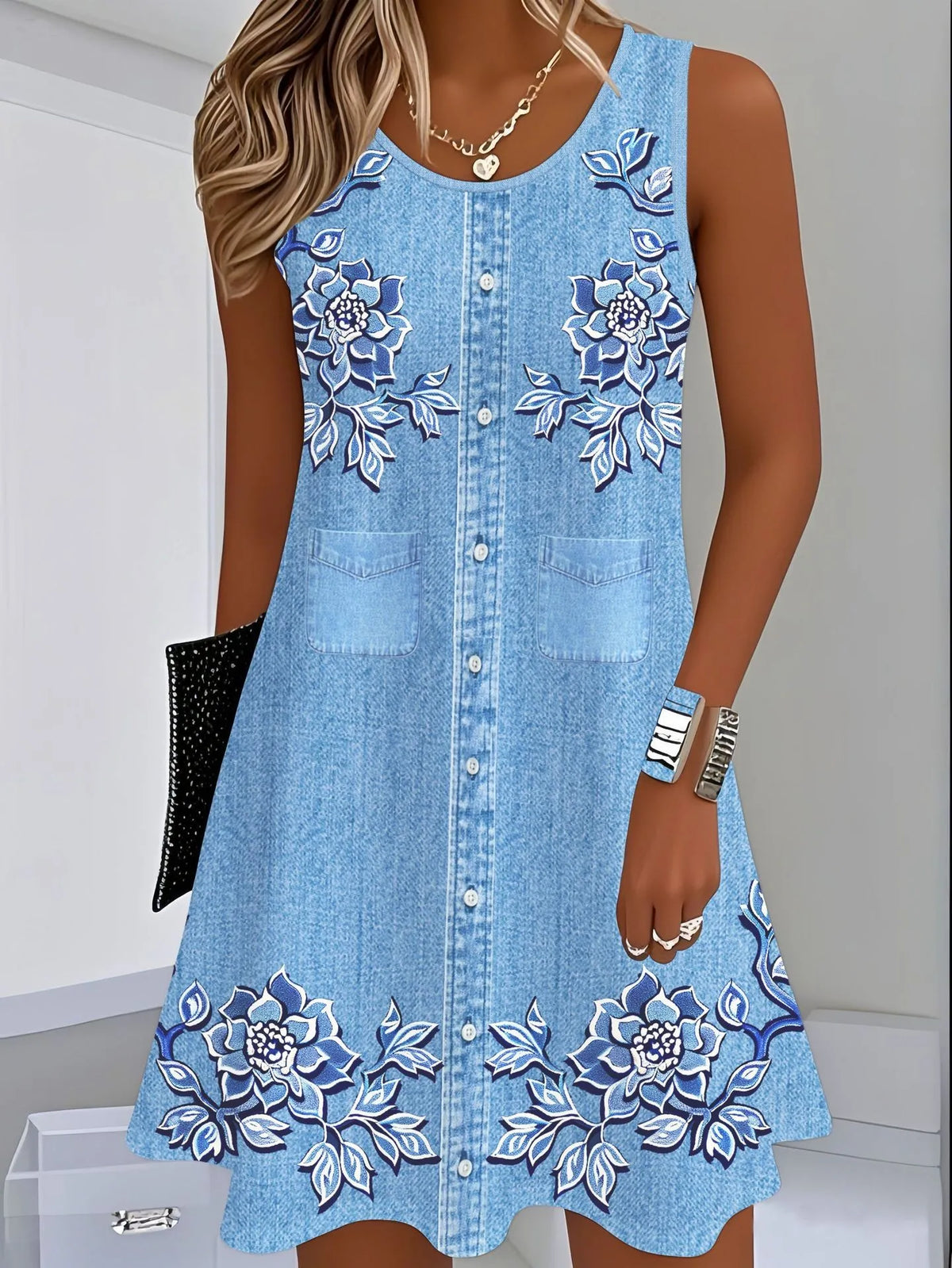 Women's Casual Summer Dress Sleeveless Loose Fit Round Neck Pullover Mid Length 3D Print for Women Beach Camping Hiking Outfit
