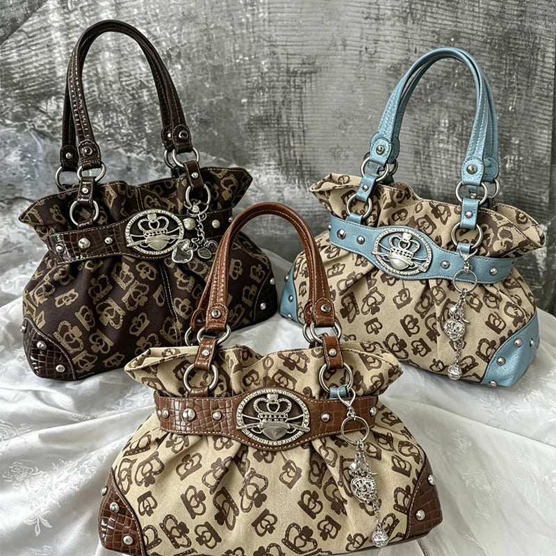 Luxury Women Rivet Handbag,Y2k Girls Metal Studded Underarm Shoulder Bag,Niche Belt Buckle Commuter Chic East-West Tote Bag