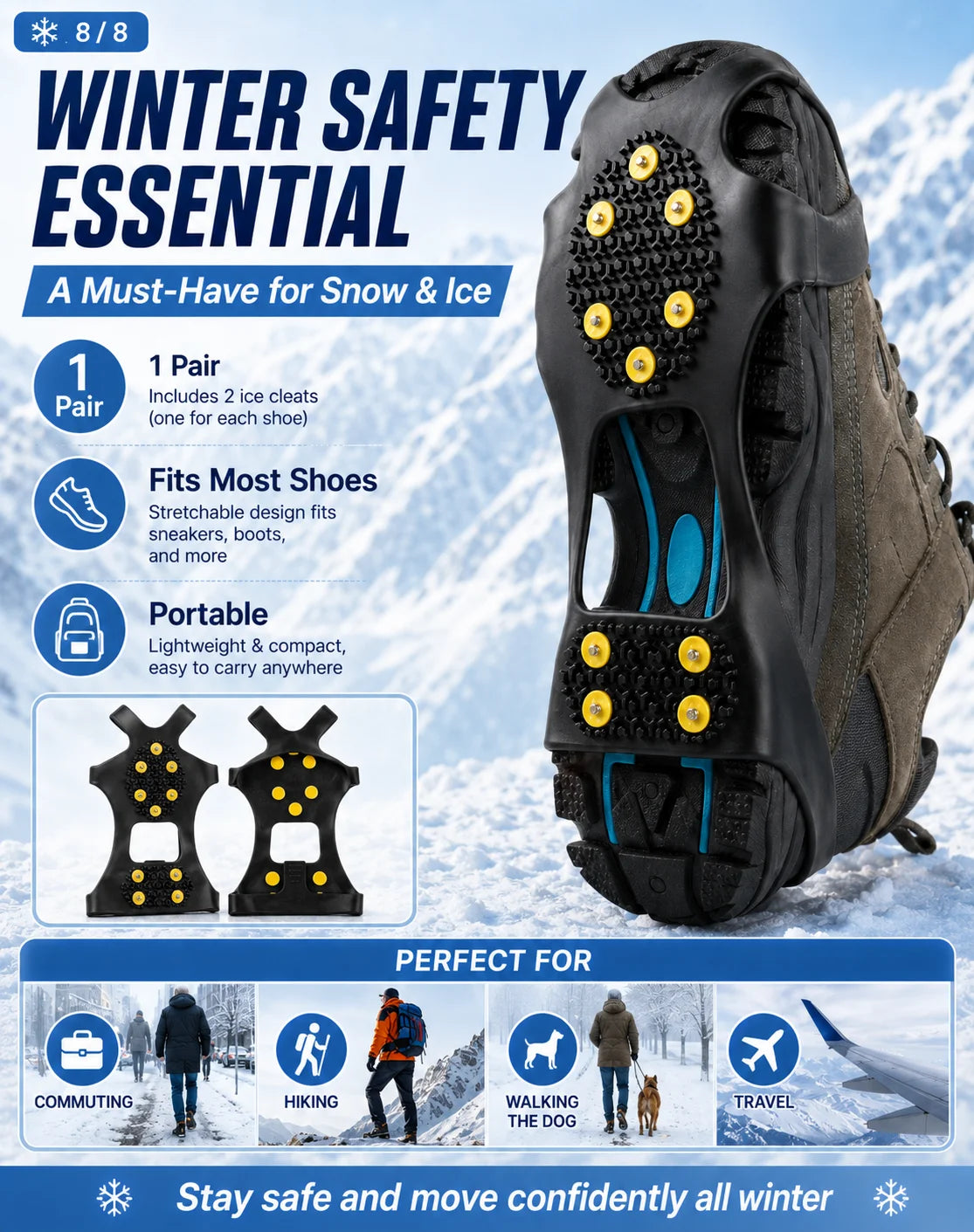 Anti Slip Ice Cleats Shoe Covers 10 Stud Snow Grips Winter Traction Crampons for Boots Hiking Walking Outdoor Safety Gear Unisex