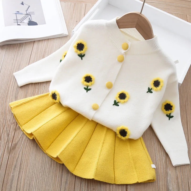 2 3 4 5 6 Years Cute Spring Autumn Girls Clothing Set Cartoon Grape Sweater Coat And Skirt 2Pcs Knitting Suit For Kids