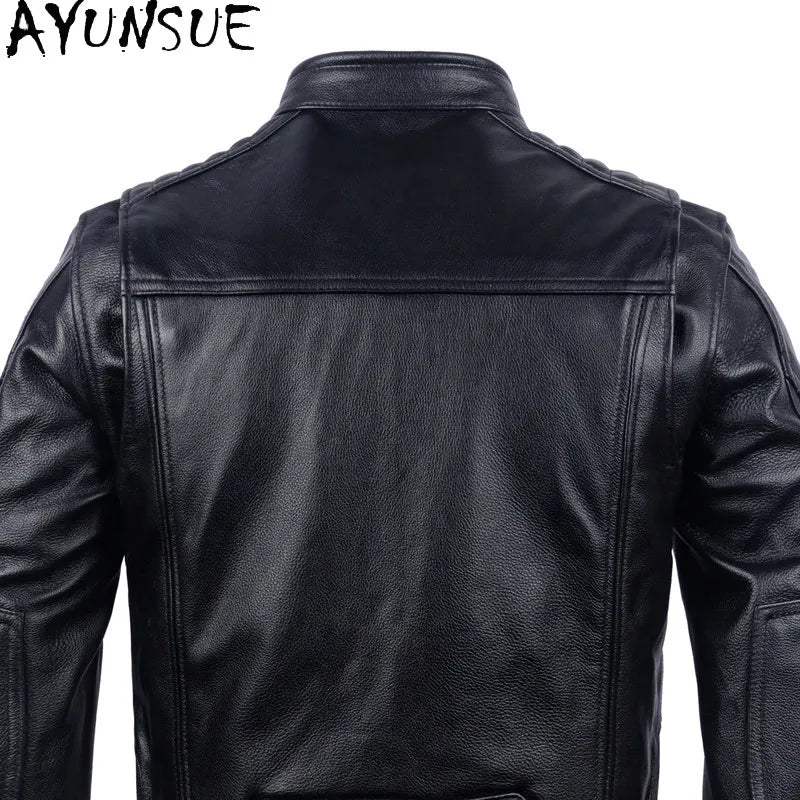 AYUNSUE Pure Cowhide Men Leather Jacket Fashion Stand Collar Short 100% Genuine Cow Leather Real Jacket Slim-fit Motorcycle Wear
