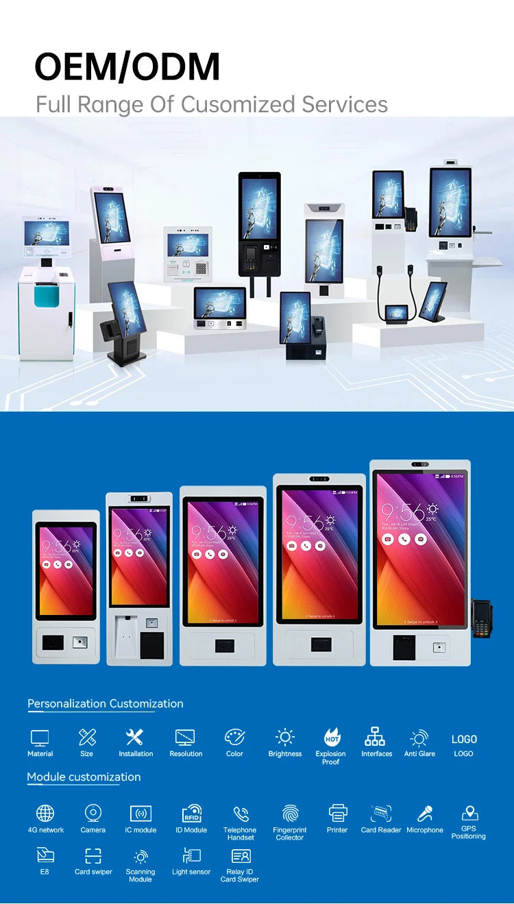 15.6 21.5 24 27 32 Inch Floor Standing/Wall Mounted Self-Service Payment Kiosk With QR Code Scanner 80mm Thermal Printer