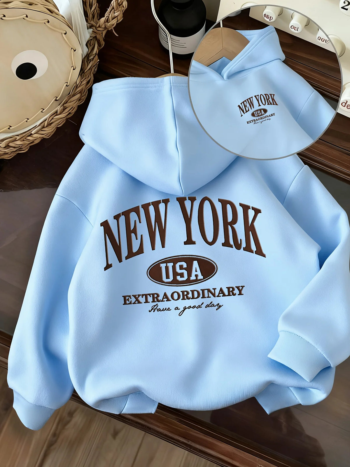 New American-style children's hoodie with New York print and American oval logoPerfect for fall/winter Christmas gifts for kids.