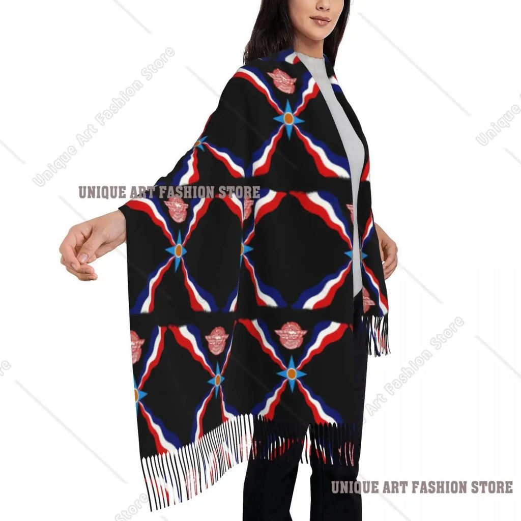 Luxury Assyrian Suryoyo Flag Scarf Tassel Scarves Women Soft Warm Shawls and Wraps Large Fall Winter Shawl Wrap