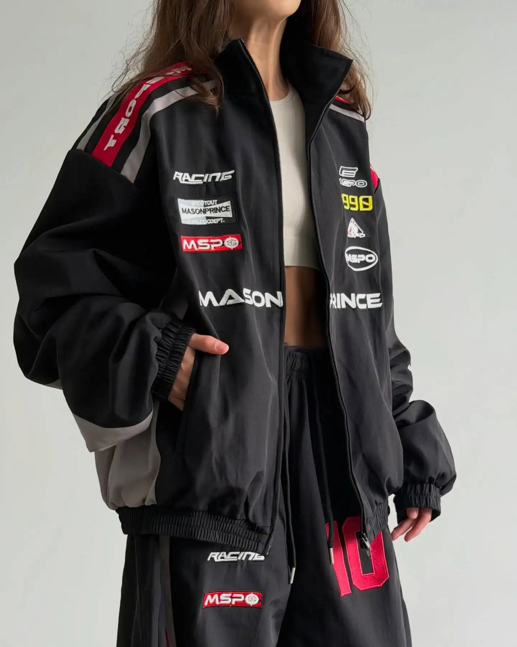 Vintage Motorcycle Clothing Men Women Street Bomber Sports Jacket Hip Hop American Letter Embroidery Jogging Pants 2-piece Set