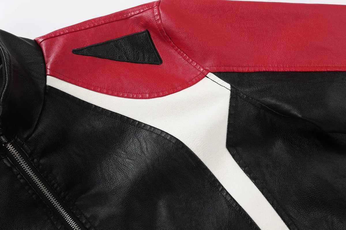 Men's Motorcycle Style Leather Jacket Slim Fit Windproof Stand Collar Red Black Biker Jacket Casual Moto Racing Coat
