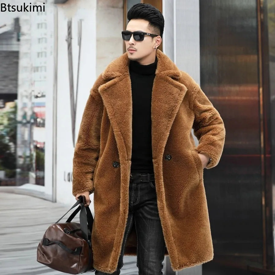 Luxury Fashion Long Camel Fleece Coats Men's Autumn Winter Thickened Warm Faux Fur Outwear Trend Vintage Men Windbreaker Jackets