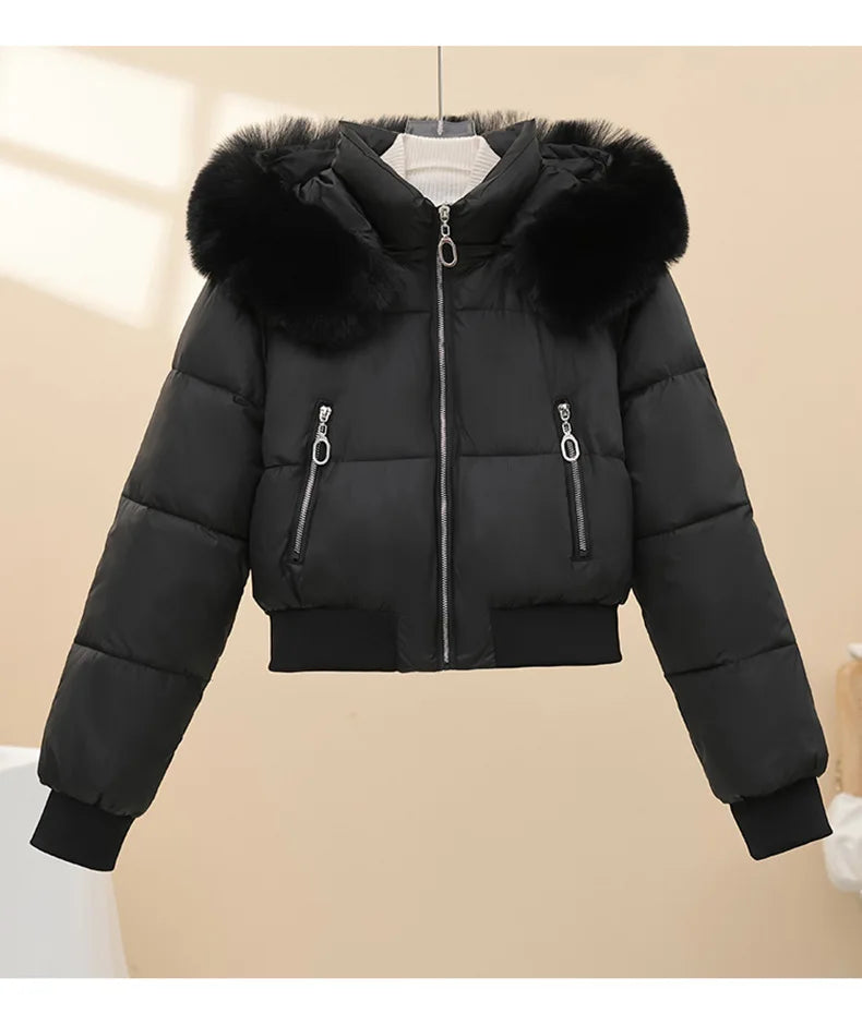 American Waistedn Big Fur Collar Hooded Short Cotton Coat for Women Winter New Fashionable Hat Detachable Casual Slimming Jacket