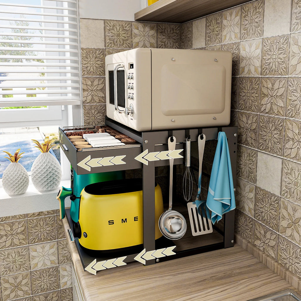 2 Tier Microwave Stand with Storage Drawer, Kitchen Countertop Organiser with Utensil Hooks, Storage Shelf for Oven & Air Fryer