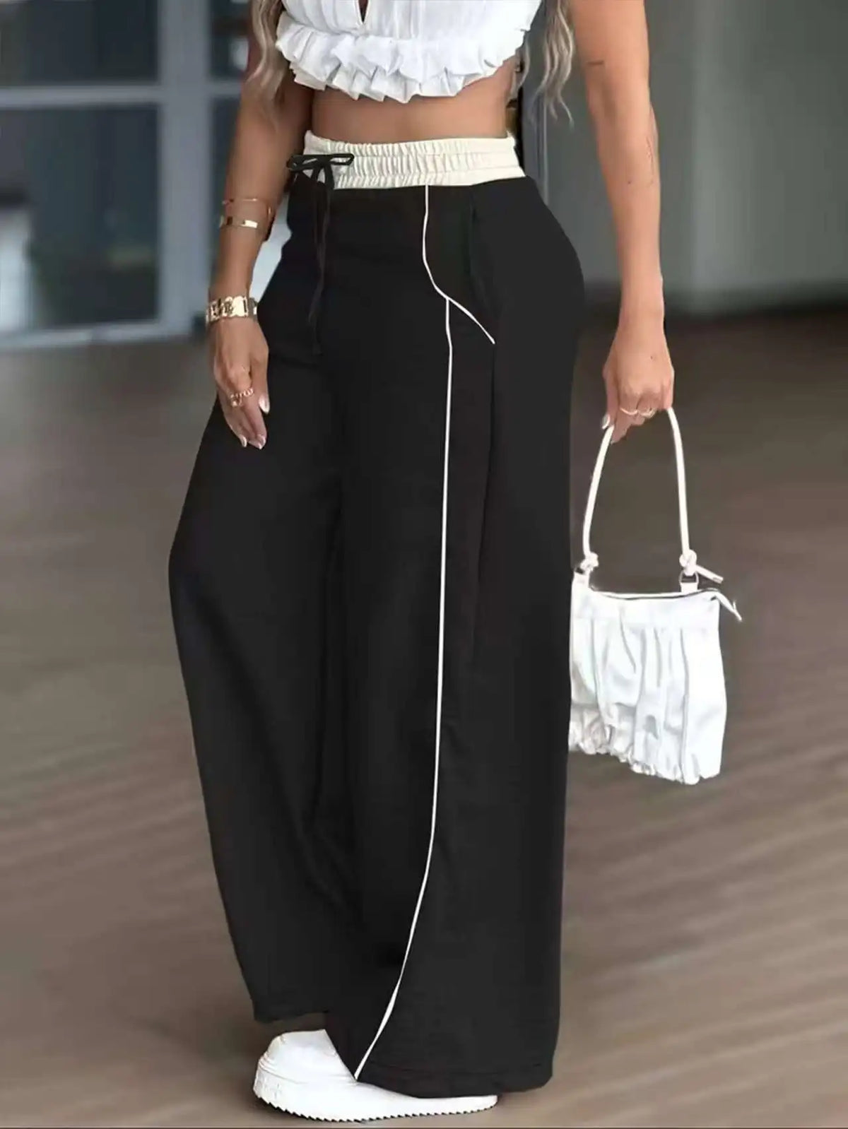 Women's Fashion Casual High Waist Straight Wide Leg Pants Color Block Patchwork Pockets