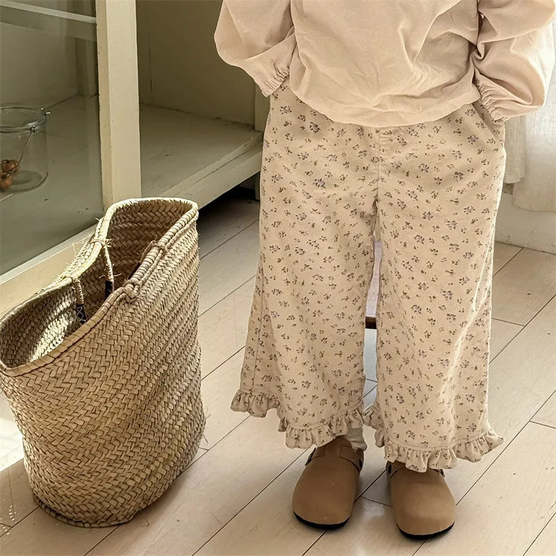 deer jonmi 2026 New Spring Baby Girls Wide Leg Pants Floral Printed Korean Style Corduroy Ruffles Toddlers Kids Casual Trousers