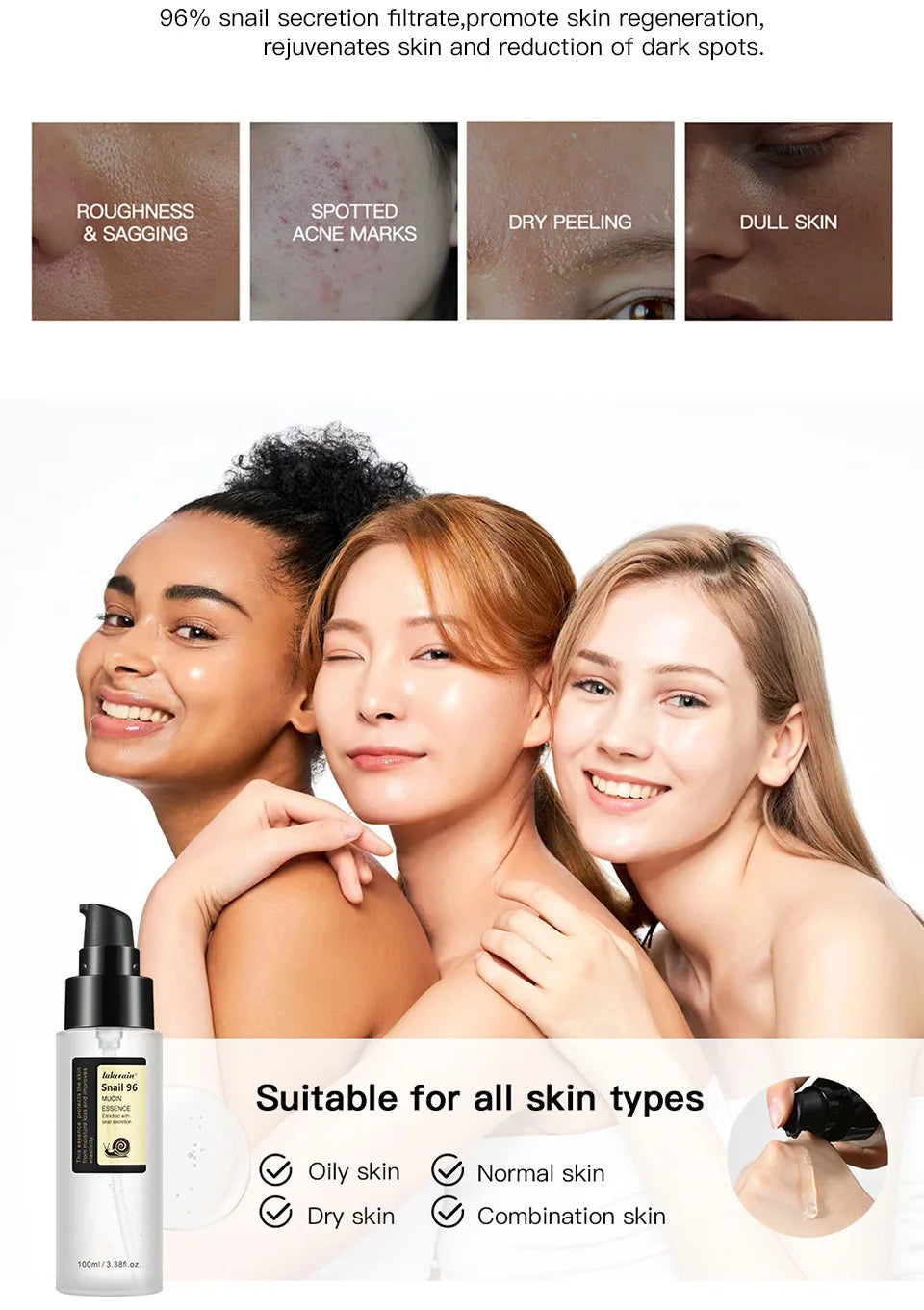 Snail  Serum 96% Power Repairing Essence Lift Firm Anti-aging Fade Fine Lines Acne Treatment Facial Sensitive Whitening 100ml