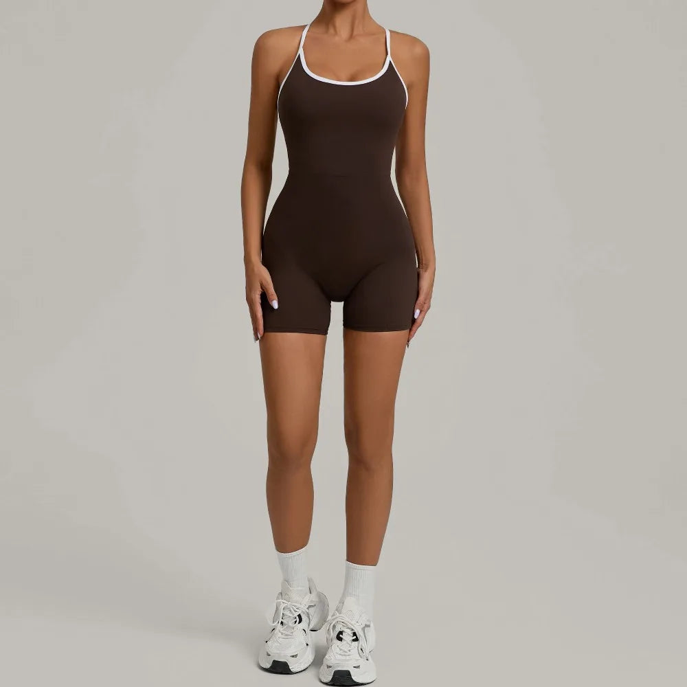 Summer Women's Sports Jumpsuit Shorts Cross Shoulder Straps Hip Lift Tight One-piece Yoga Set Outdoor Running Gym Fitness Suits