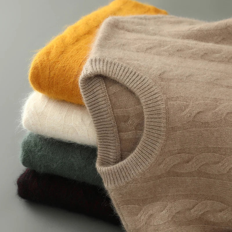 Men's Round Neck Pullover Sweater For Autumn Winter 100% Pure Mink Cashmere Knitted Sweater, Casual Long Sleeved Thick Warm Base