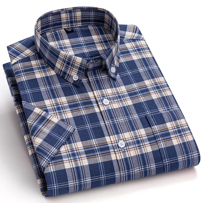 100%Pure Cotton Oxford Men's Shirts Short Sleeve Plaid Soft Regular Fit Formal Dress Shirt Social Blouse Male Clothes 6XL 7XL