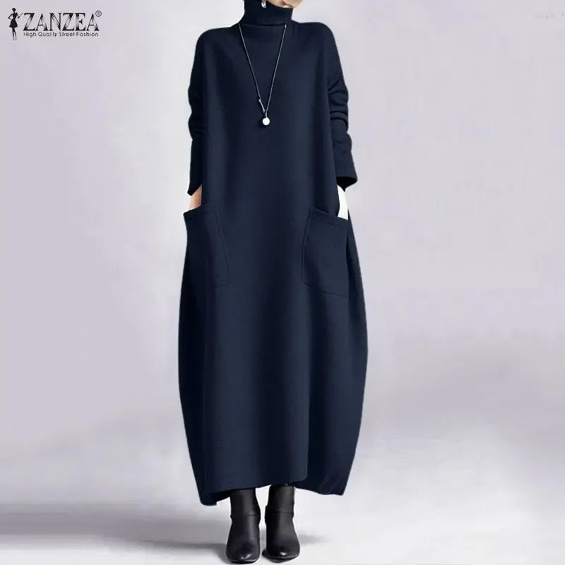 ZANZEA Fashion Sweatshirt Dress Women Casual Turtleneck Long Sleeve Solid A-Line Midi Dresses for Woman FW 2025 Cozy Warm Robes