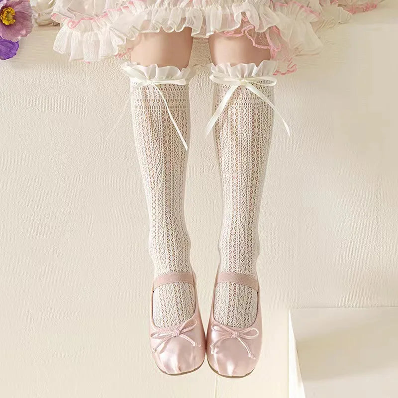 Girls Long Tube Lace Stockings Sweet Bow Jacquard Pattern Mesh Sock Baby Girl Ballet Fishing Net Frilly Socks Lolita Leggings
