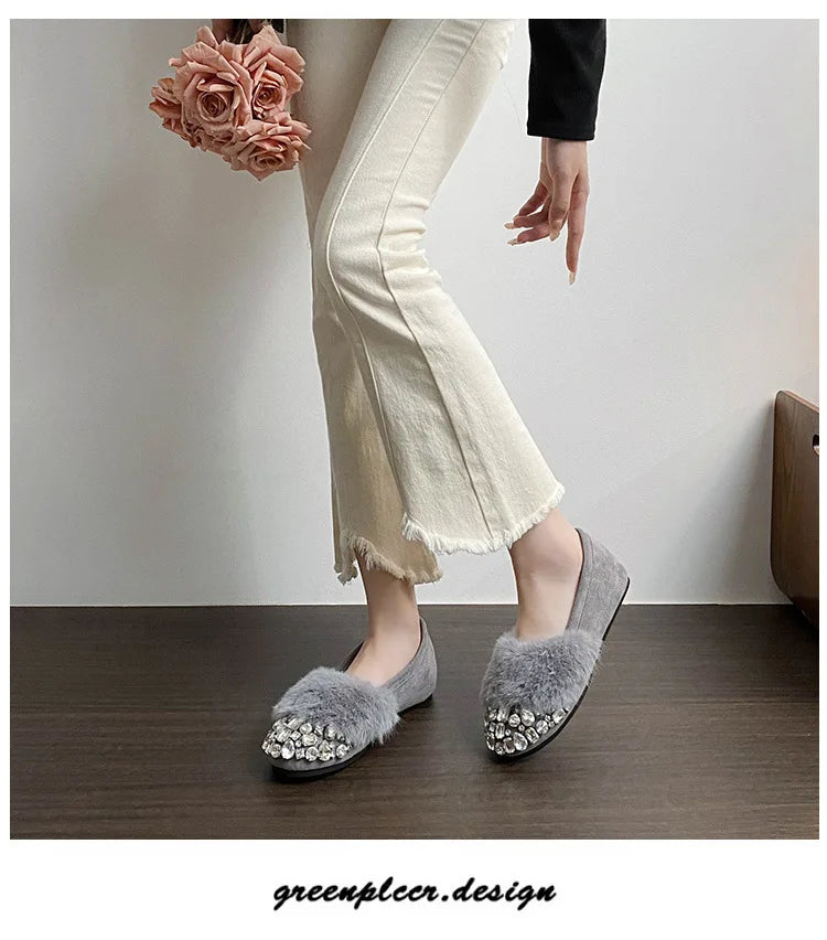 Luxury Glitter Rhinestone Ladies Plush Flat Shoes Female Cozy Crystal Decorate Loafers Winter Warm Walking Driving Shoes Casual