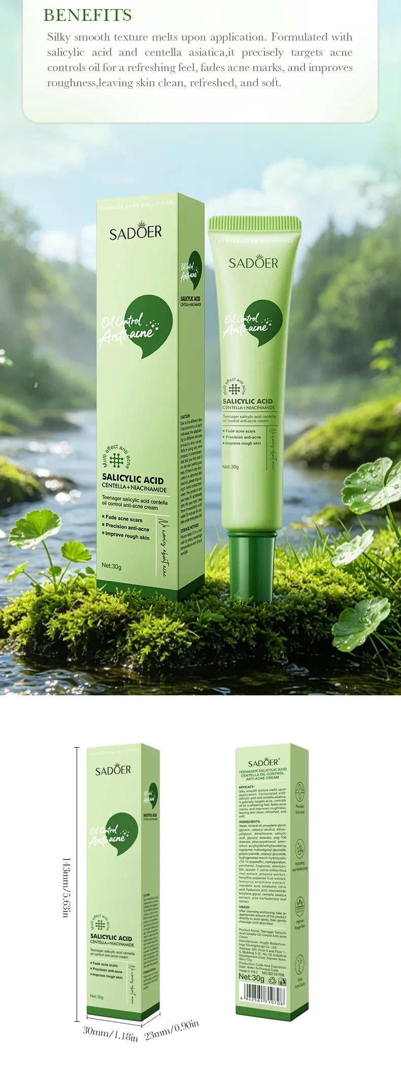 Salicylic Acid Acne Treatment Face Cream Repair Pimple Spots Deep Cleaning Pore Anti-acne Scar Oil Control Moisturizer Skin Care