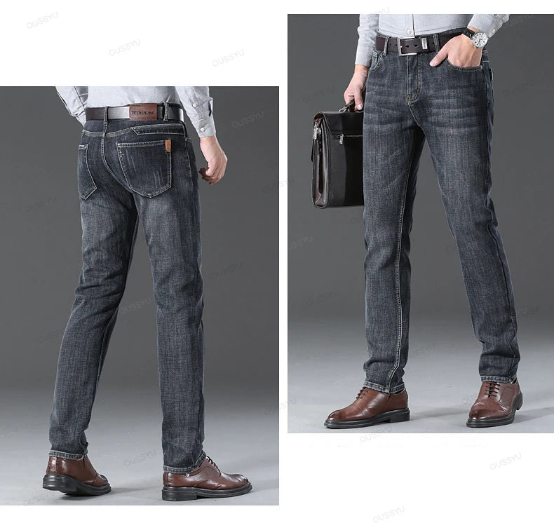 OUSSYU Brand Classic Retro Blue Men's Jeans Denim Pants Work Streetwear Straight Stretch Business Autumn Winter Cotton Trousers