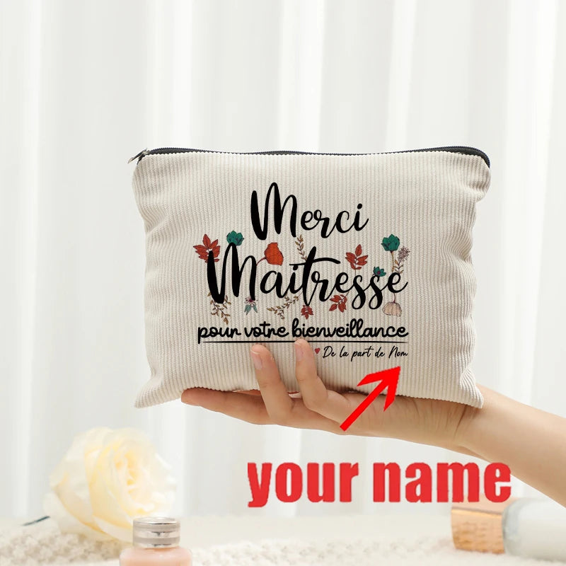 Personalized Floral Maitresse Appreciation Cosmetic Bag Custom Name Toiletry Case Gift for Educators End of School Year Present