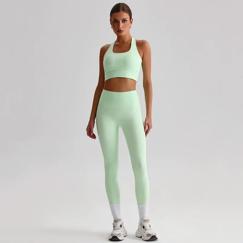 Naked Feel Yoga Set Women Fitness Sportswear 2 Piece Strappy Sports Bra High Waist Gym Leggings Workout Outfit Active Wear