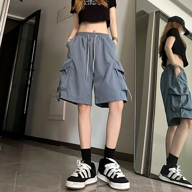 URBANCREW High-Waist Cargo Shorts — Loose Streetwear Fit