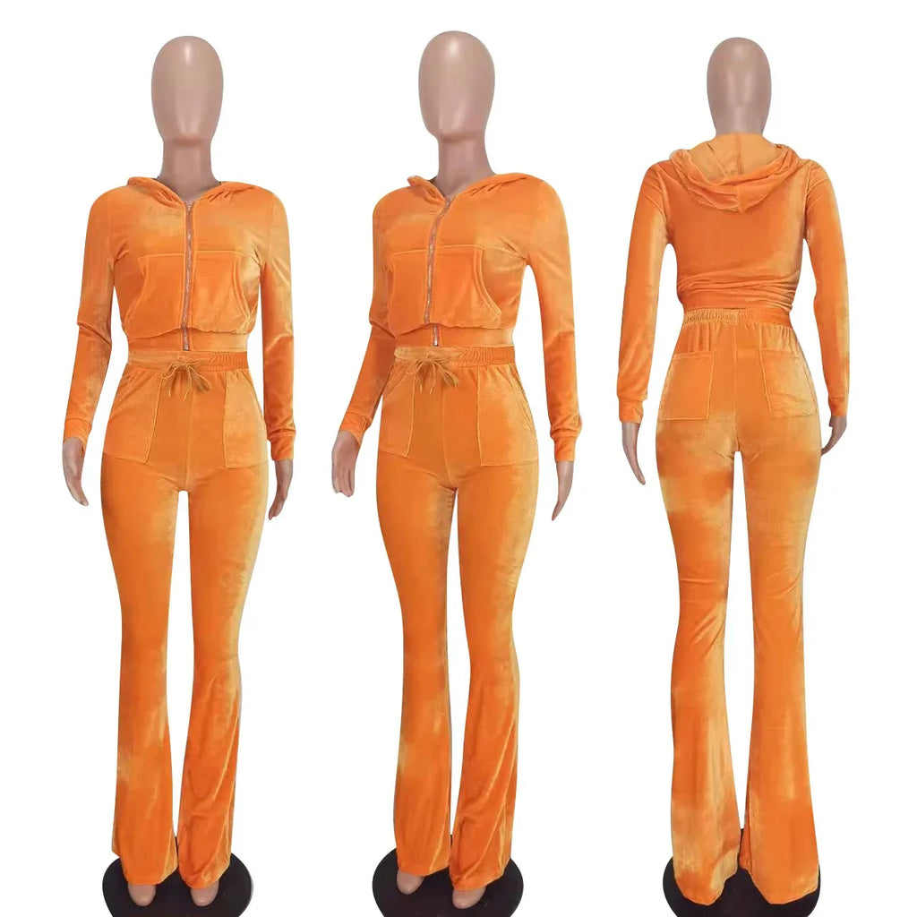 Hot Sale Fall Women's hoodie Set Zipper Pocket Crop Top Jacket Velvet Jogging suit Velour tracksuits Women Two Piece set