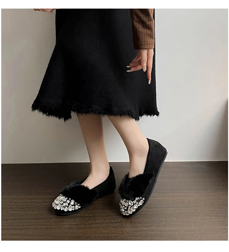 Luxury Glitter Rhinestone Ladies Plush Flat Shoes Female Cozy Crystal Decorate Loafers Winter Warm Walking Driving Shoes Casual
