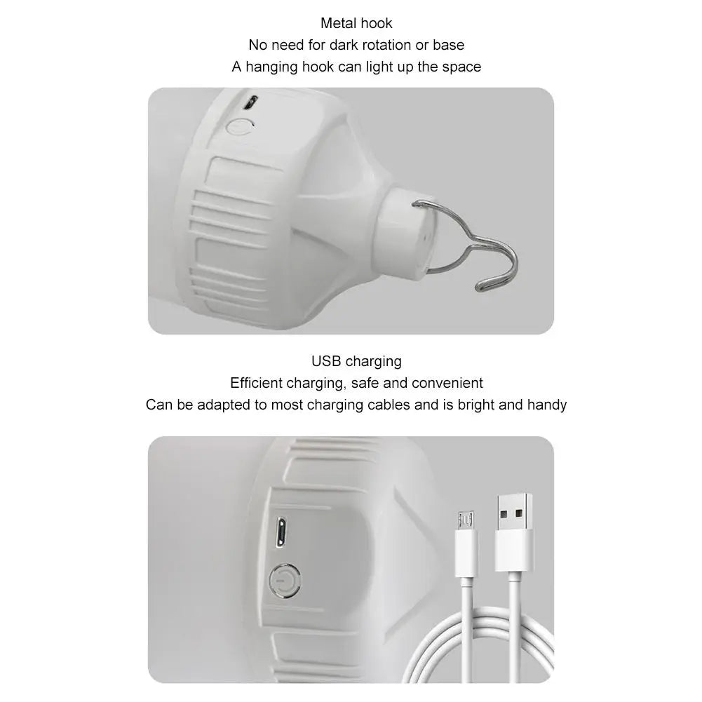 Portable Hanging LED Camping Light Bulb USB Rechargeable Emergency Bulb Light with Metal Hook 3 Lighting Modes Waterproof