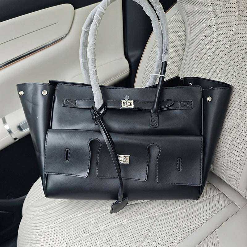 High-quality Soft PU Leather Brand Tote Bag, Lock Design Large-capacity Storage Handbag, Women Commuter Shoulder Bag For Daily