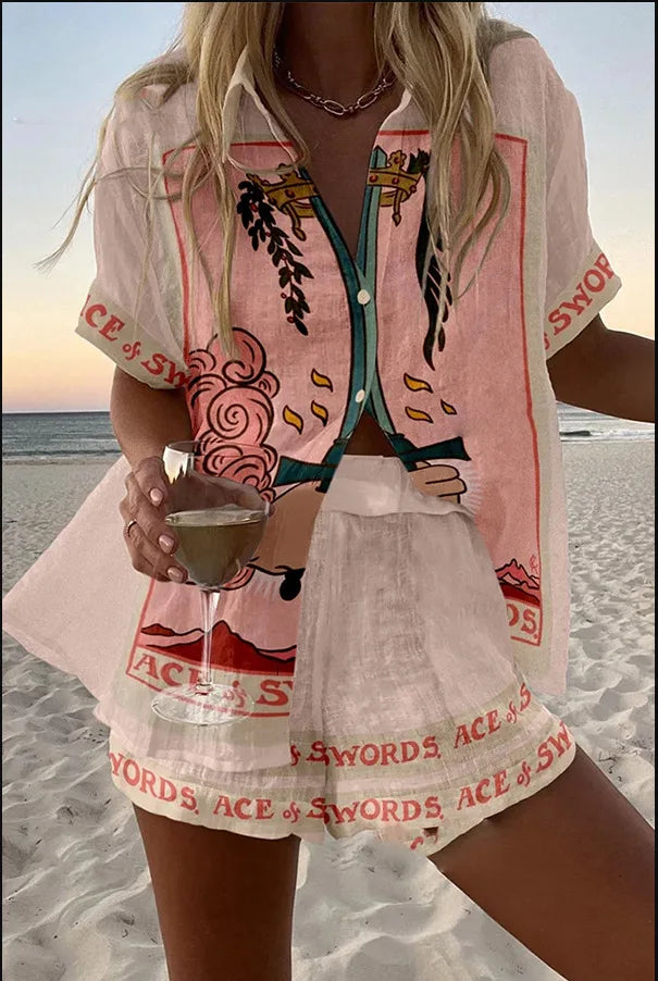 Summer New Print Beach Holiday Set For Women Fashion Short Sleeve Buttoned Shirt Wide Legs Shorts Oversized Two Piece Set