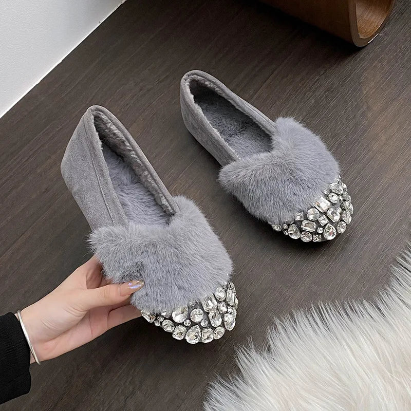 Luxury Glitter Rhinestone Ladies Plush Flat Shoes Female Cozy Crystal Decorate Loafers Winter Warm Walking Driving Shoes Casual