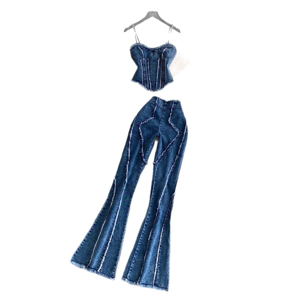 Two Pieces Women Pant Set Denim Matching Set Solid Camisole Sleeveless Top Zipper Fly Empire Waist Full Length Pants 2026 Summer