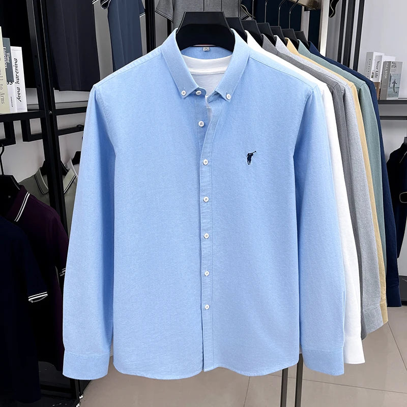 High End 100% Pure Cotton Long Sleeved Men's 2026 Spring Fashion Solid Color Business Casual Small Horse Logo Shirt