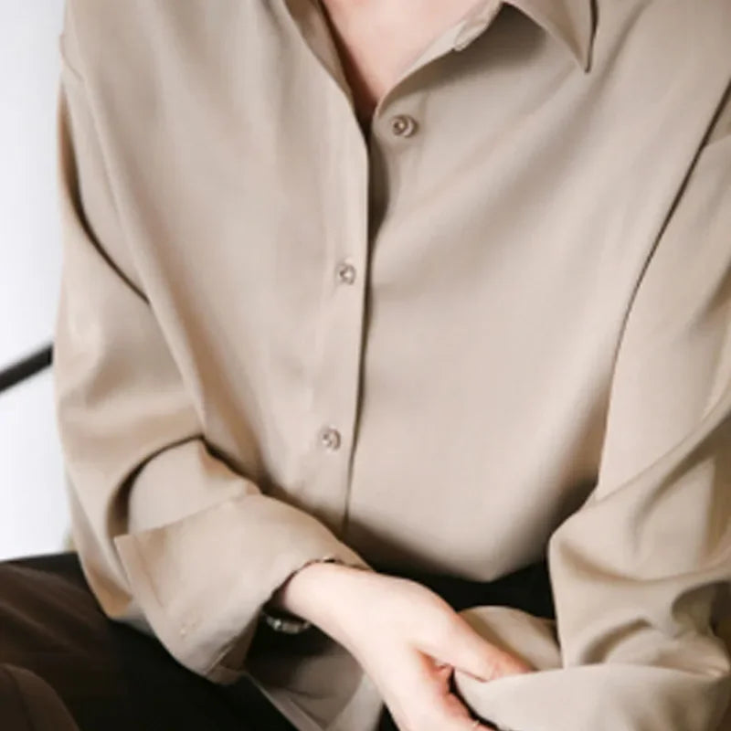 Fall Turn-down Collar Elegant Satin Loose Women Shirt 2026 Plus Size Blouse Autumn Vintage Casual Button Silk Tops