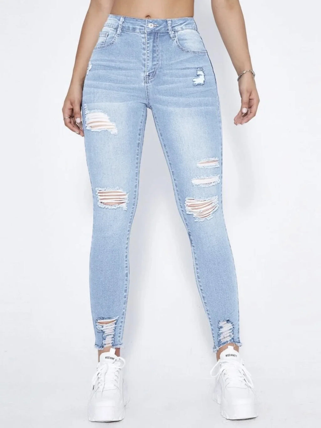 New In Women Fashion Mid Waist Ripped Hole Jeans Casual High Street Denim Pants Sexy Frayed Slim Fit Pencil Pants for Women