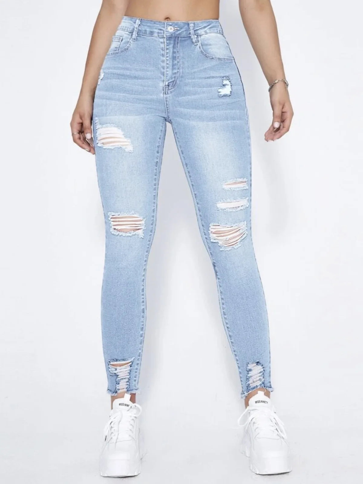 New In Women Fashion Mid Waist Ripped Hole Jeans Casual High Street Denim Pants Sexy Frayed Slim Fit Pencil Pants for Women