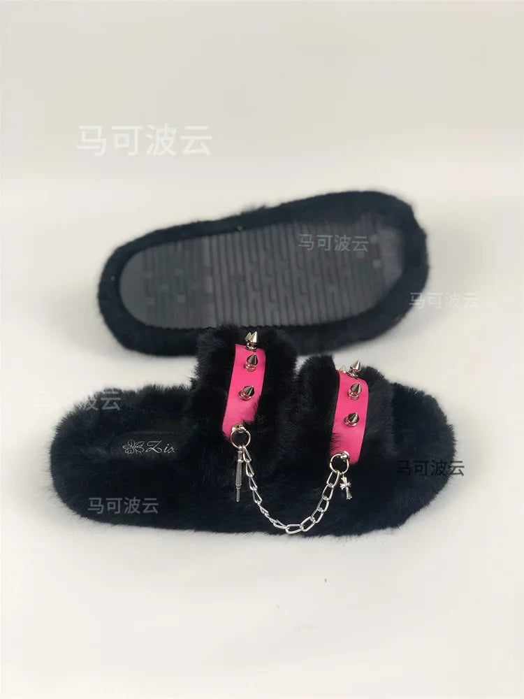 Y2K style winter outdoor shoes for women Faux fur warm slippers Fashion rivet Punk shoes