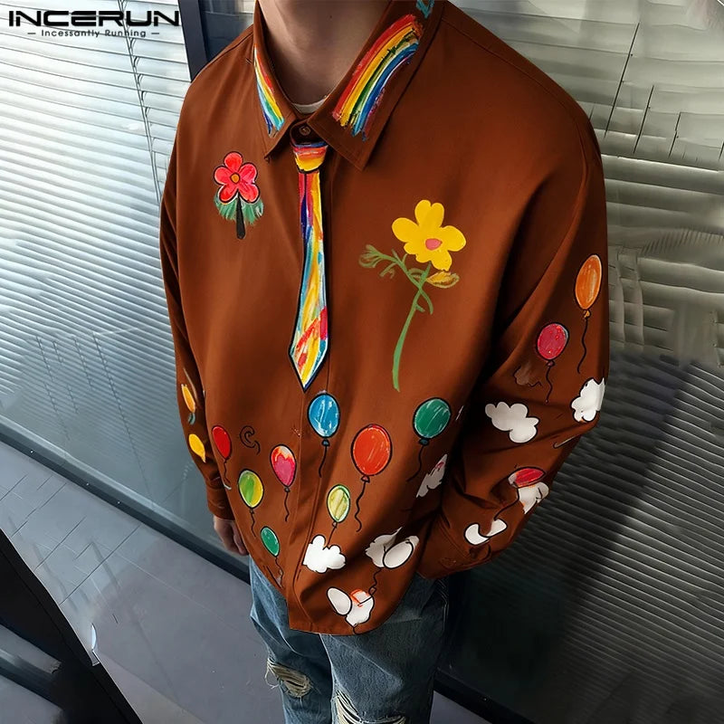INCERUN Men Shirt Printing Lapel Long Sleeve Loose Men Clothing Streetwear Vacation 2026 Fashion Casual Tops Male Shirts S-5XL