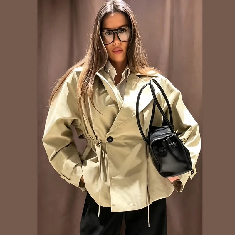 Women's Khaki Short Trench Coat Chic Lapel Collar Single Button Drawstring Waist Adjustable Oversized Jacket Commuting Outerwear