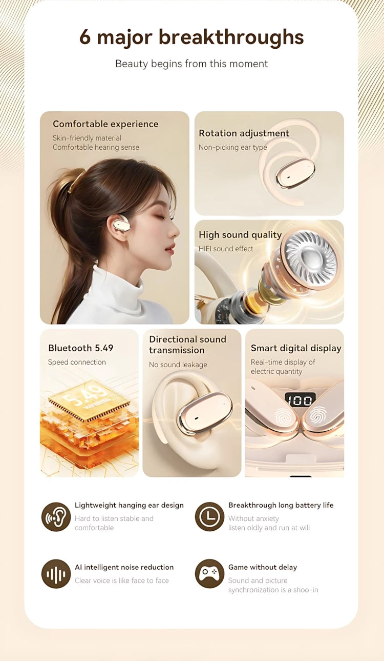 Bluetooth 5.4 Wireless Headphone Open Ear OWS Earphone Smart Touch Headset With Mic Waterproof Hifi Stereo Sound Wireless Earbud