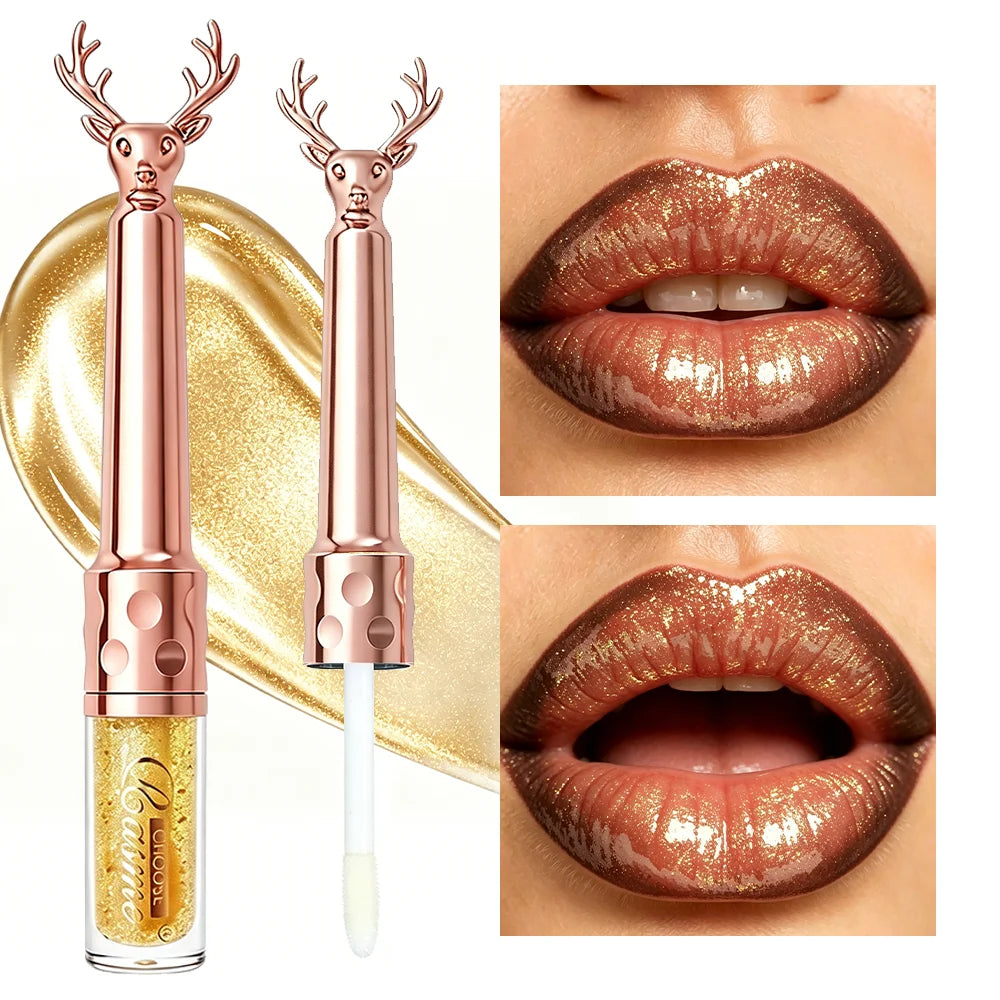 CHOOSE RASME Deer Antlers Fine Shining Lip Gloss, Gilded Gold Silver Shining Glass Lip Stack Coating, Brightening Dudu Lip Oil