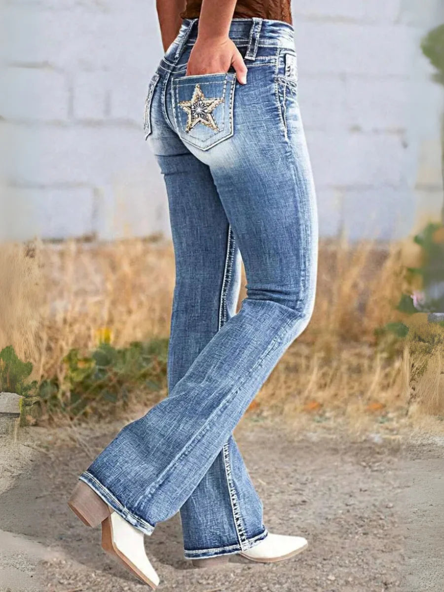 【HME】Jeans | Vintage Light-Wash Denim Pants, Women Boot-Cut Flare Denim With Star Decorative Pockets, Faded Whisker Detail, Double Button Closure, Casual Western-Inspired Daily Pants