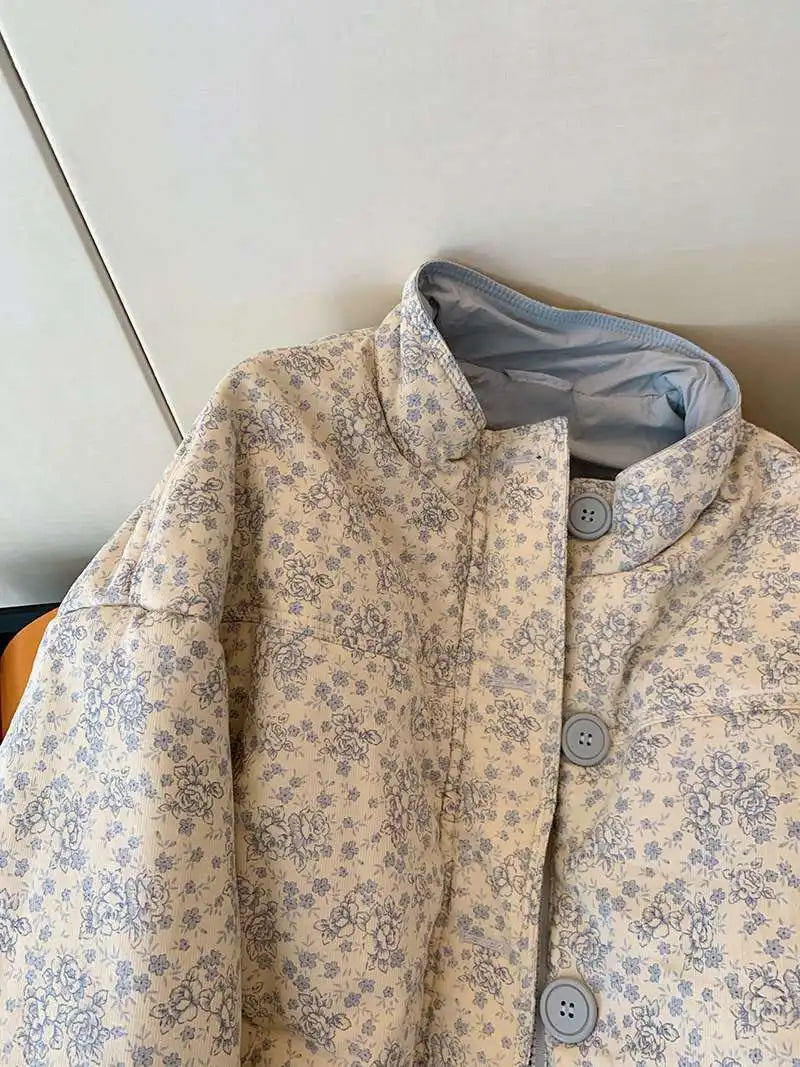 Blue Printed Stand Up Collar Cotton Jacket For Women's Winter 2024 New Casual Loose Korean Version Sweet Warm Cotton Jacket