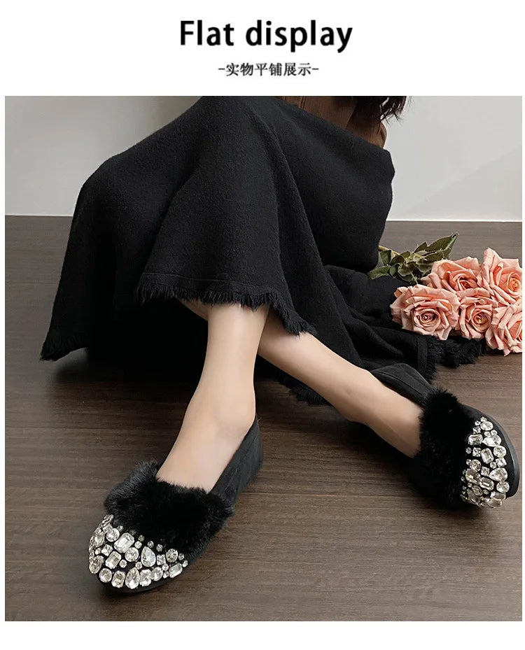 Luxury Glitter Rhinestone Ladies Plush Flat Shoes Female Cozy Crystal Decorate Loafers Winter Warm Walking Driving Shoes Casual